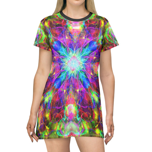 "Golden Chakra Sunrise" Cosmic Mandala - T-Shirt Dress